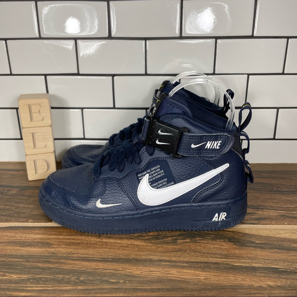 Nike Youth Air Force 1 Mid LV8 Overbranding Obsidian White Black Sneakers